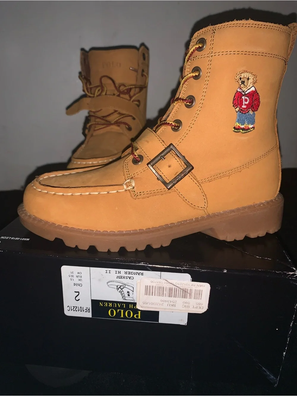 Polo by Ralph Lauren Tan Kids' Nubuck Lace-Up Boots with Bear Embroidery